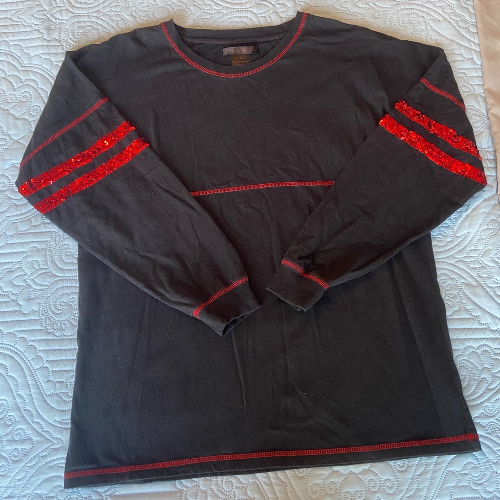 Cowgirl Tough Never Give Up Long Sleeve T Shirt Black Red Sequins Jersey